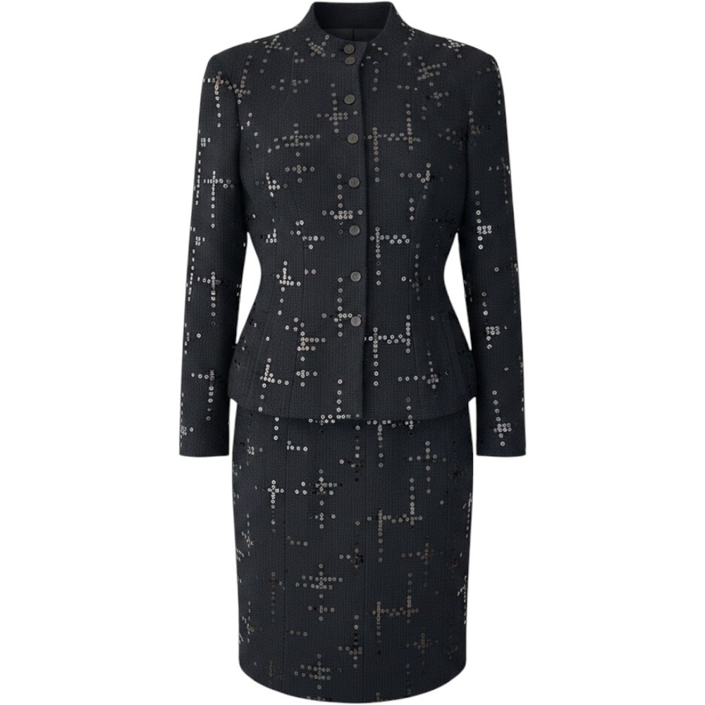 NWT Chanel 02A Black Sequin Tweed Skirt Suit Jacket Set P19919‎ FR 44 US 12
